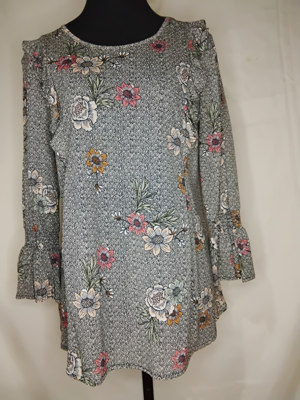 Style & Co. Floral Ruffle Sleeve Blouse in Gray, Pink, Yellow, Cream